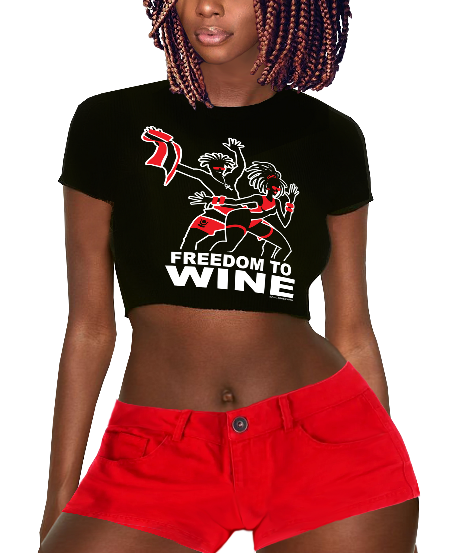 Woman in black crop top. Freedom to wine Caribbean Carnival t-shirts.