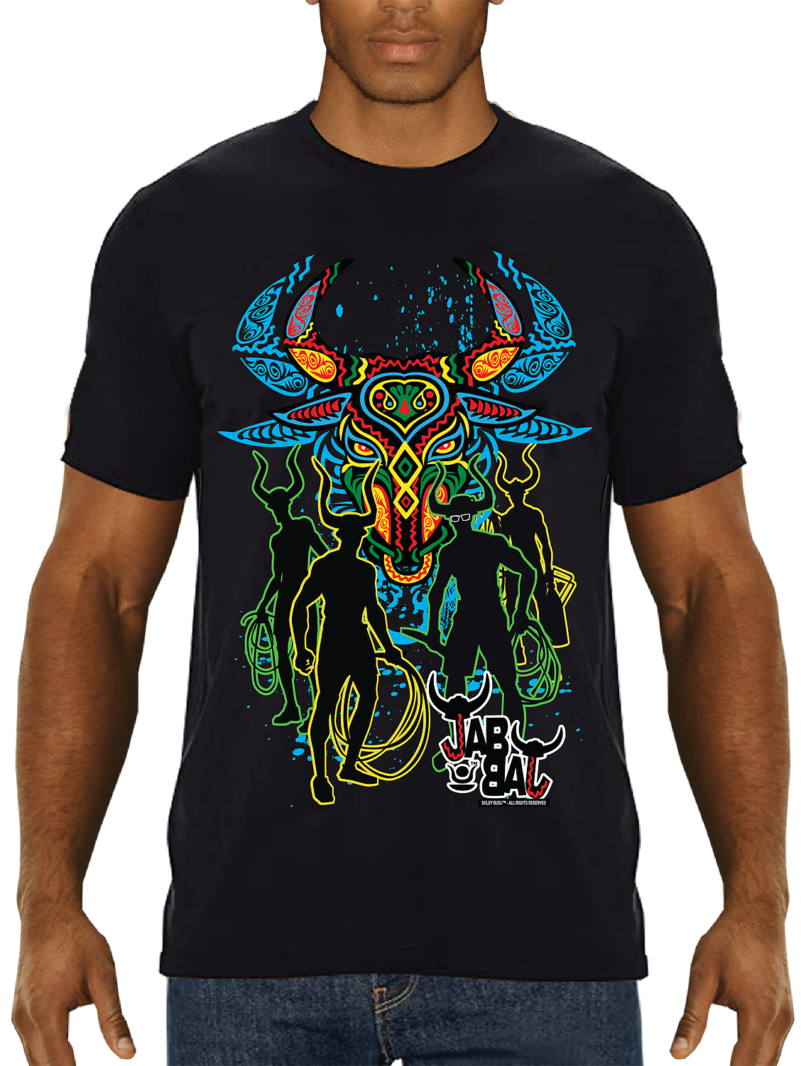 Model in men's black J'ouvert jab jab with bull face t-shirt