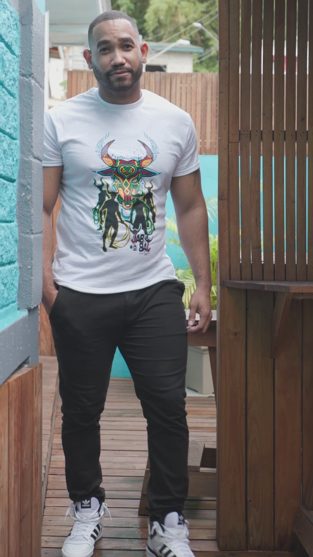 Video reel. Men's white J'ouvert jab jab with bull face t-shirt